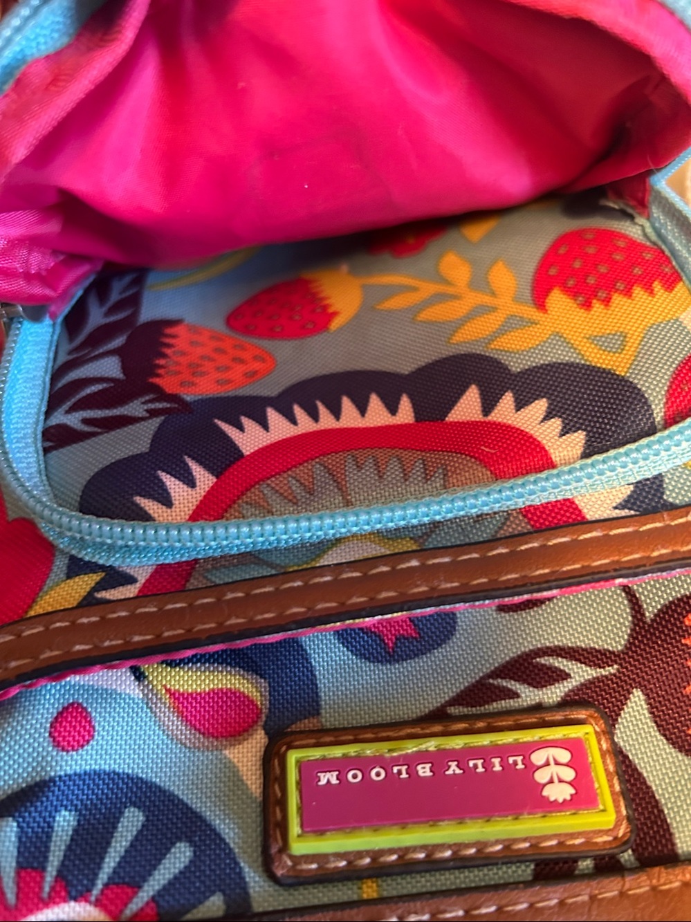 Lily Bloom Teal Floral Multi-Color Crossbody Bag with Brown Trim - Picture 3 of 4